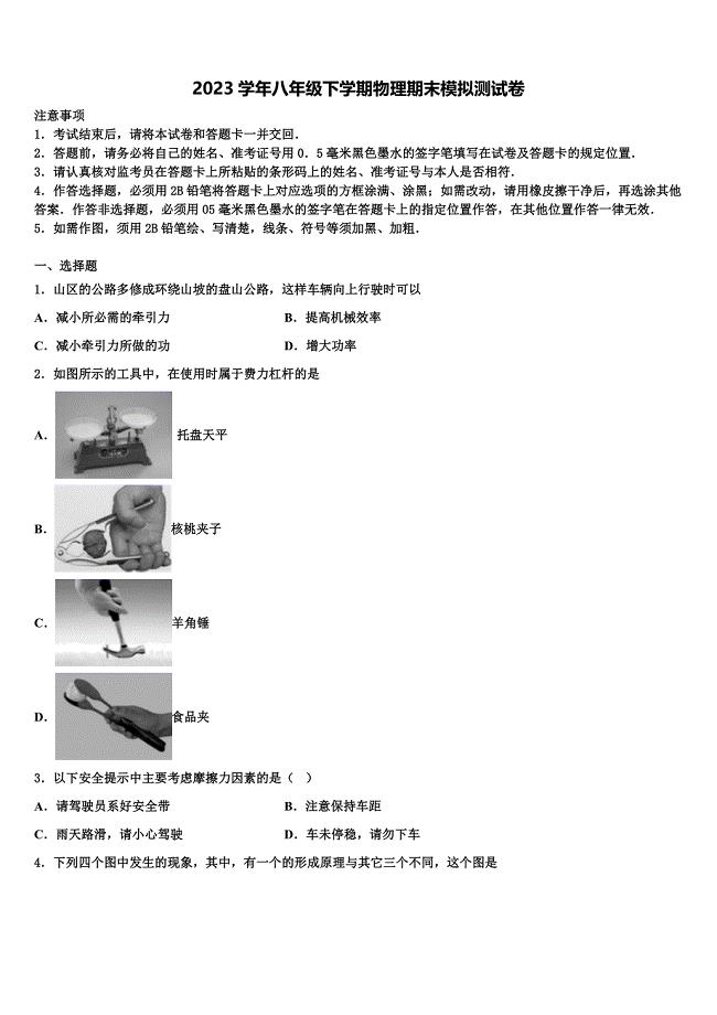 2023届北京师大附属实验中学物理八年级第二学期期末达标测试试题（含解析）.doc