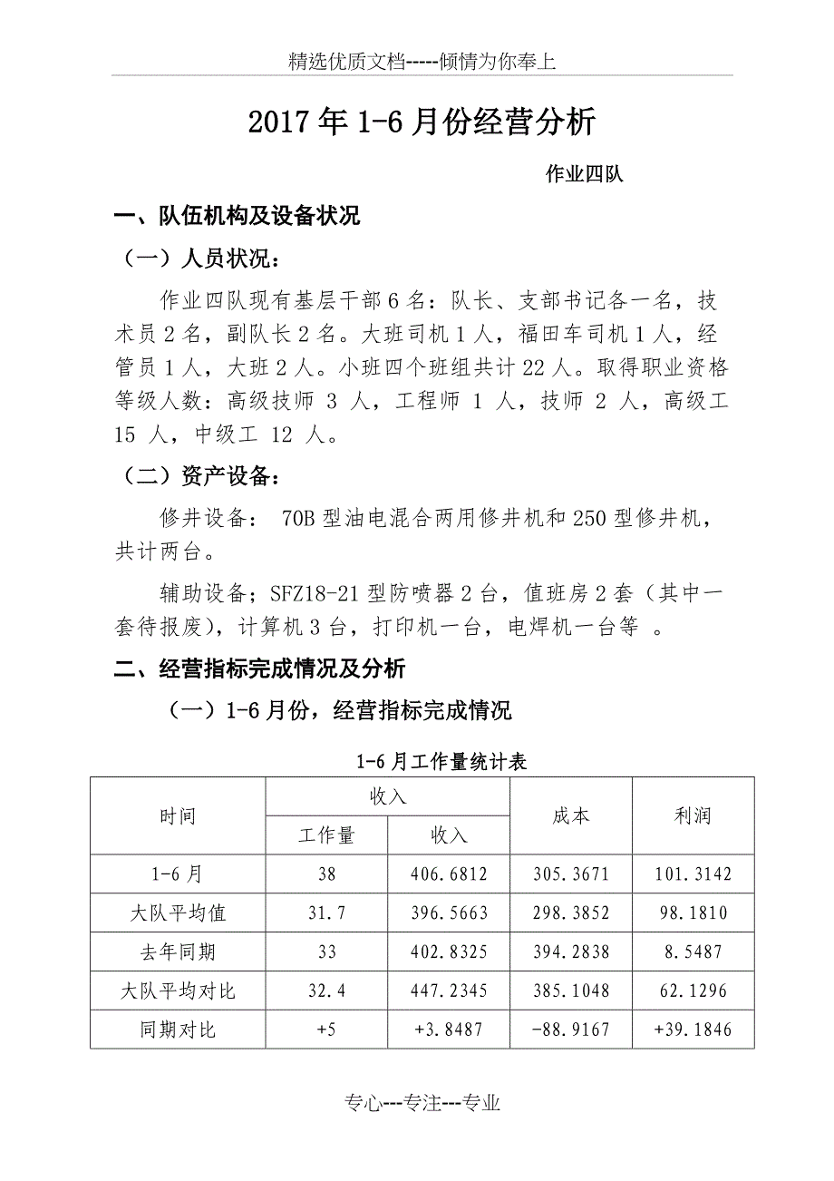 作业四队2017年上半年经营分析_第1页