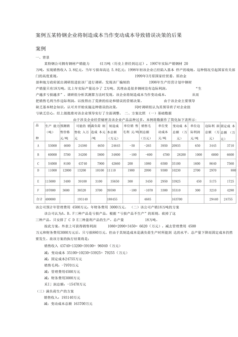 案例五--某特钢企业将制造成本当作变动成本导致错误决策的后果_第1页