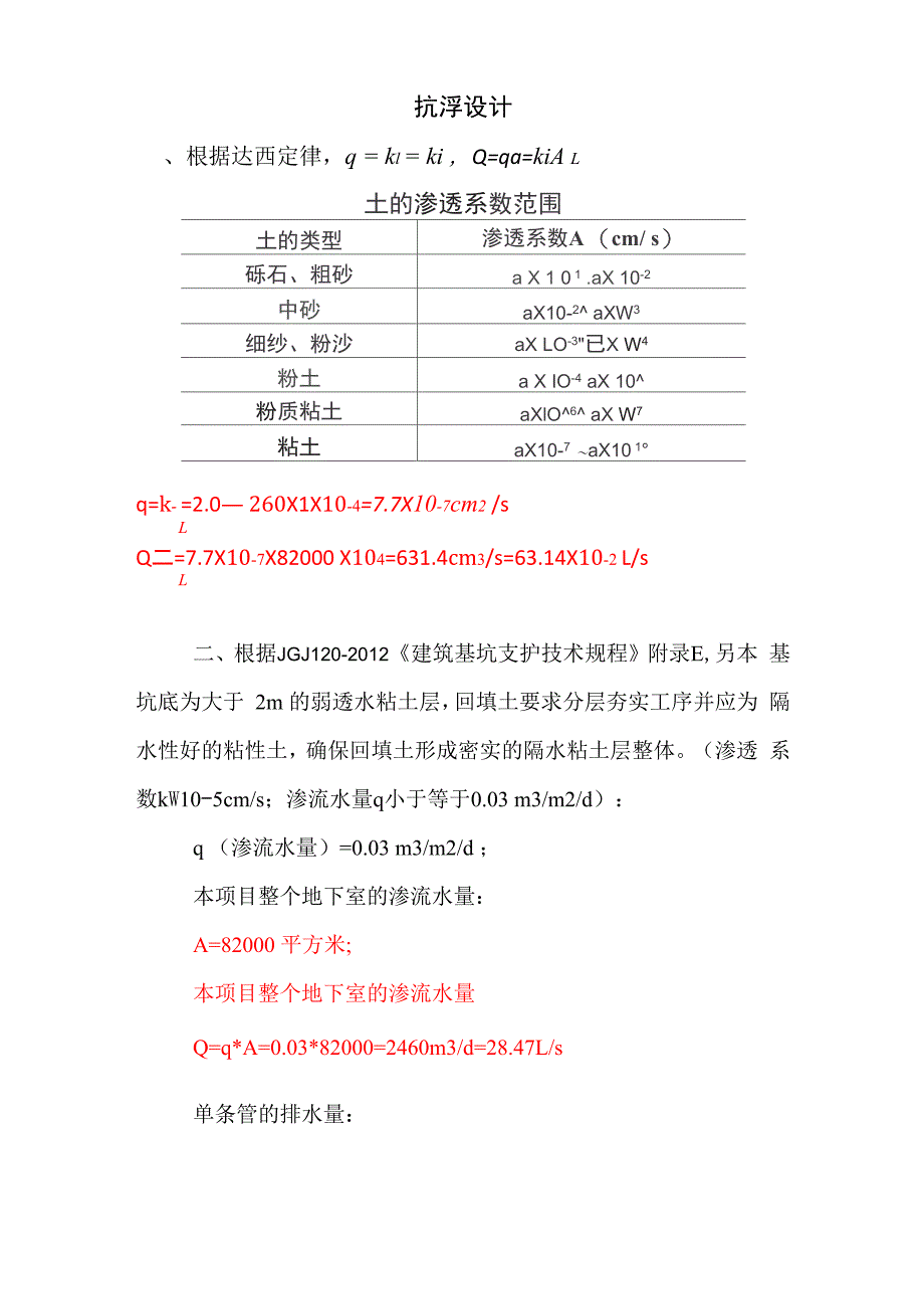 盲沟排水量计算 抗浮设计计算书_第1页