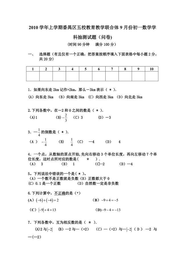 2010学年上学期番禺区五校教育教学联合体9月份-初一数学学科抽测试题(问卷).doc