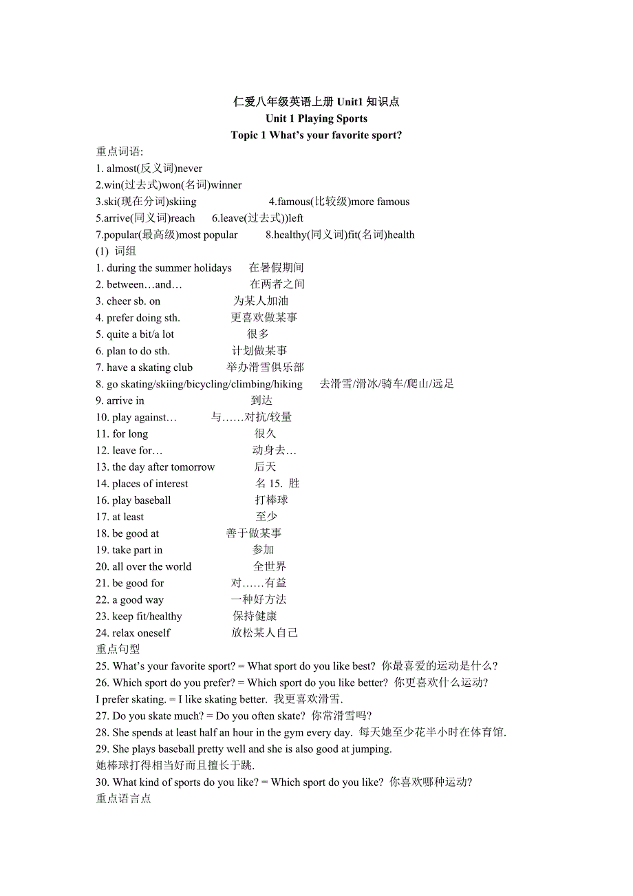 仁爱八年级英语上册Unit1知识点_第1页