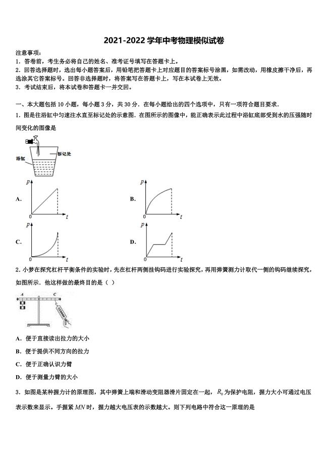 海南省临高县美台中学2021-2022学年中考二模物理试题含解析