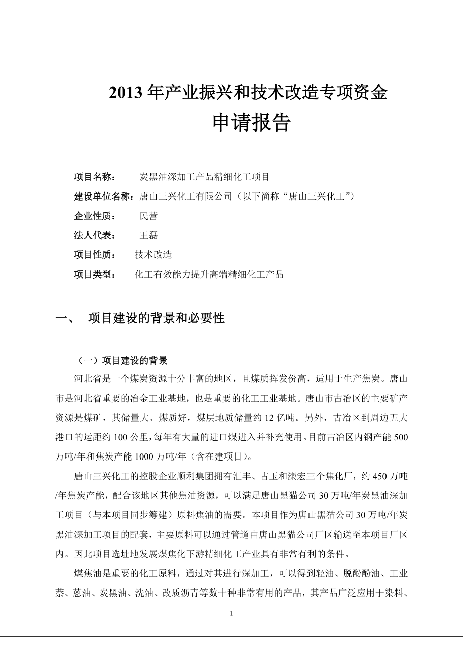 炭黑油深加工产品精细化工项目立项专项资金申请报告.doc_第1页