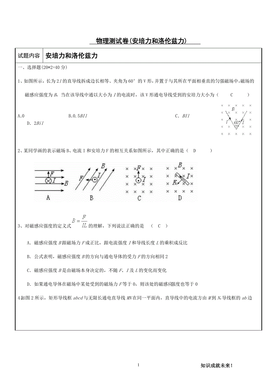 安培力和洛伦兹力测试题_第1页