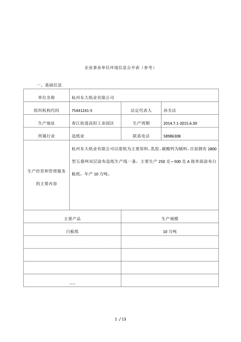 企业事业单位环境信息公开表(参考)_第1页