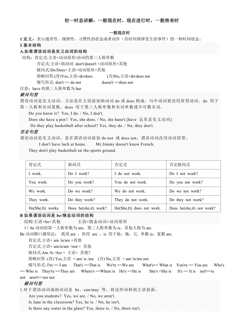 初一时态讲解与练习题_第1页