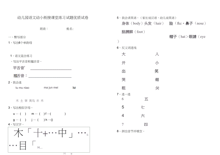 幼儿园语文幼小衔接课堂练习试题优质试卷_第1页