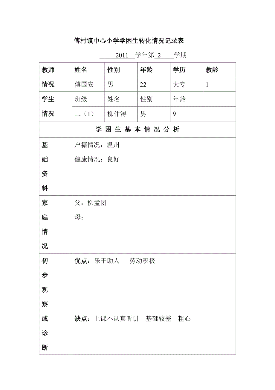 傅村小学学困生转化情况记录表_第1页