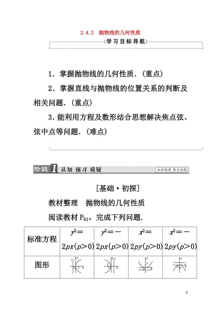 2021学年高中数学2.4.2抛物线的几何性质学案新人教B版选修2-1_第2页