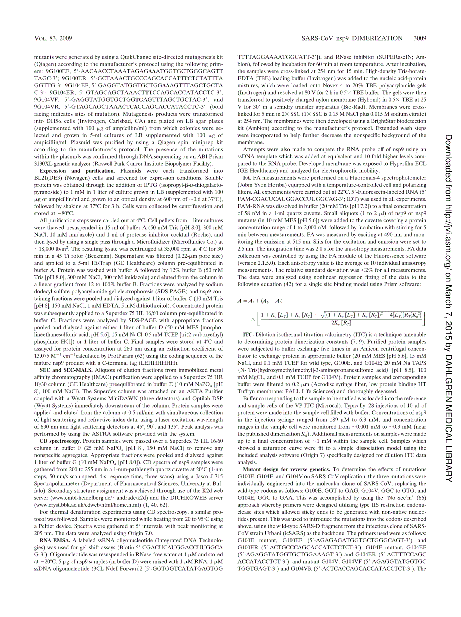 【病毒外文文献】2009 Severe Acute Respiratory Syndrome Coronavirus nsp9 Dimerization Is Essential for Efficient Viral Growth_第3页