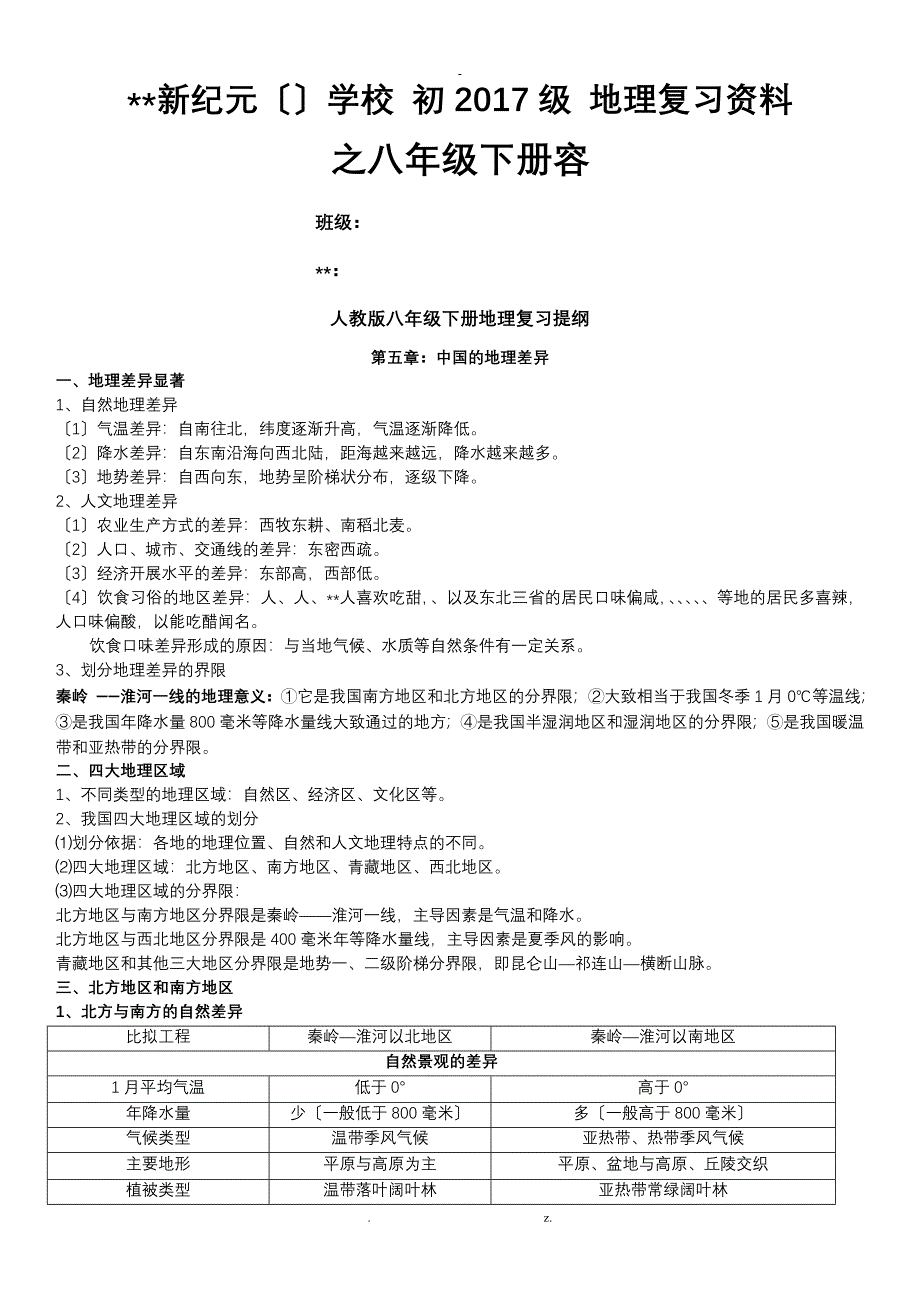 人教版八年级下册地理复习提纲_第1页