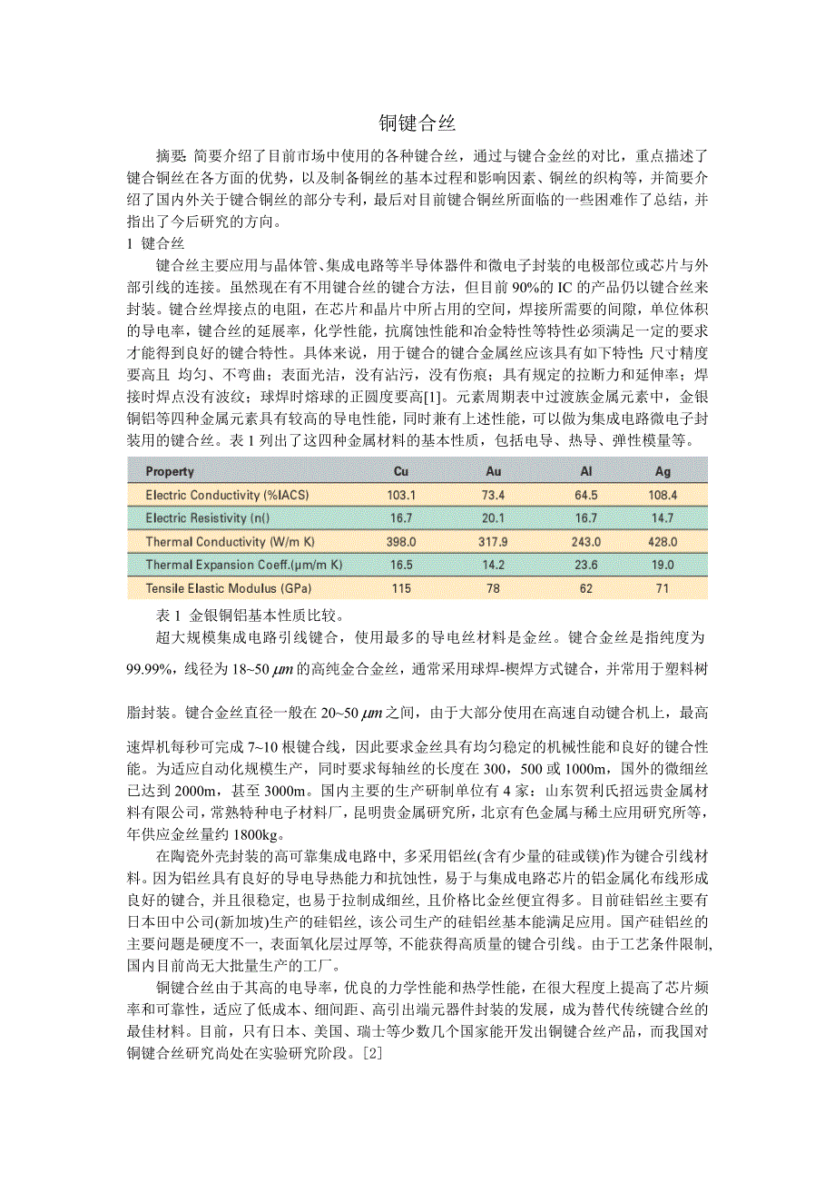 铜键合丝资料学习文献综述.doc_第1页