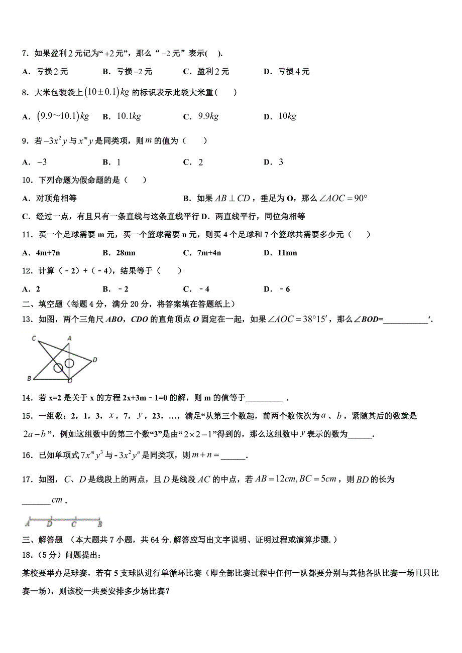 2022-2023学年湖南长沙市师大附中教育集团数学七年级第一学期期末质量检测模拟试题含解析.doc_第2页