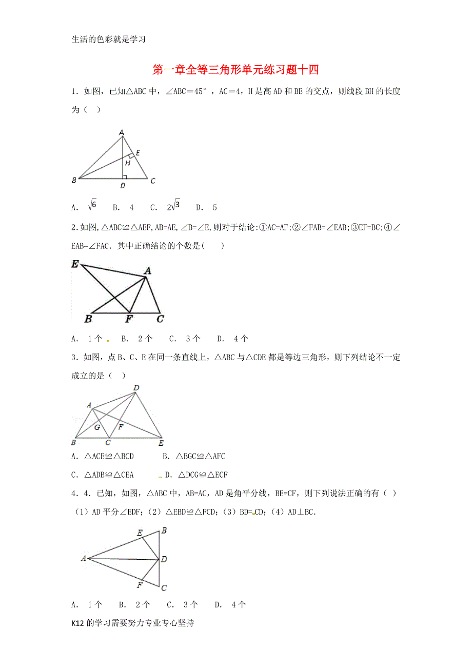 八年级数学上册第一章全等三角形练习十四无答案新版苏科版_第1页