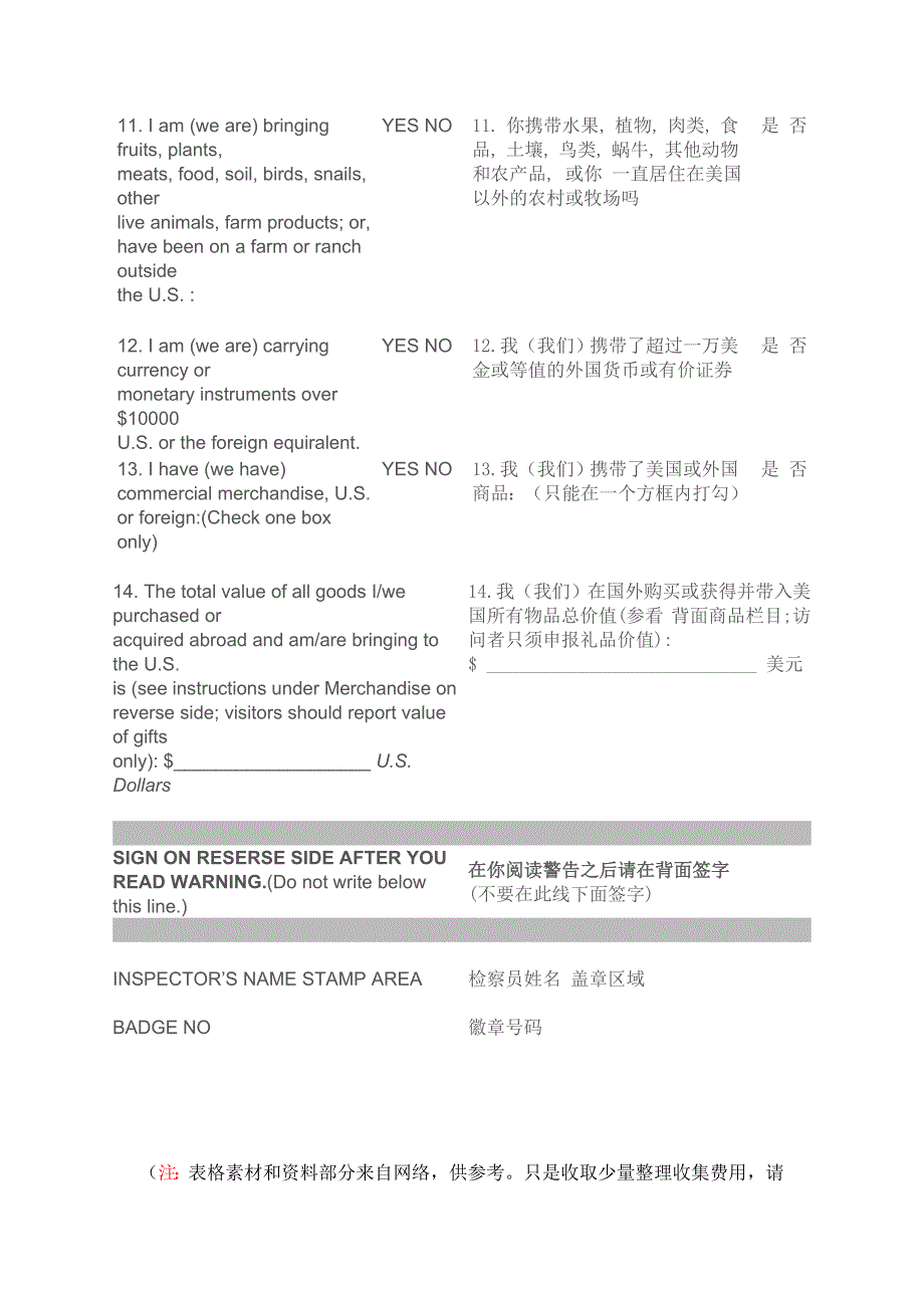美国海关出入境登记表I94及海关申报表中英文对照_第4页