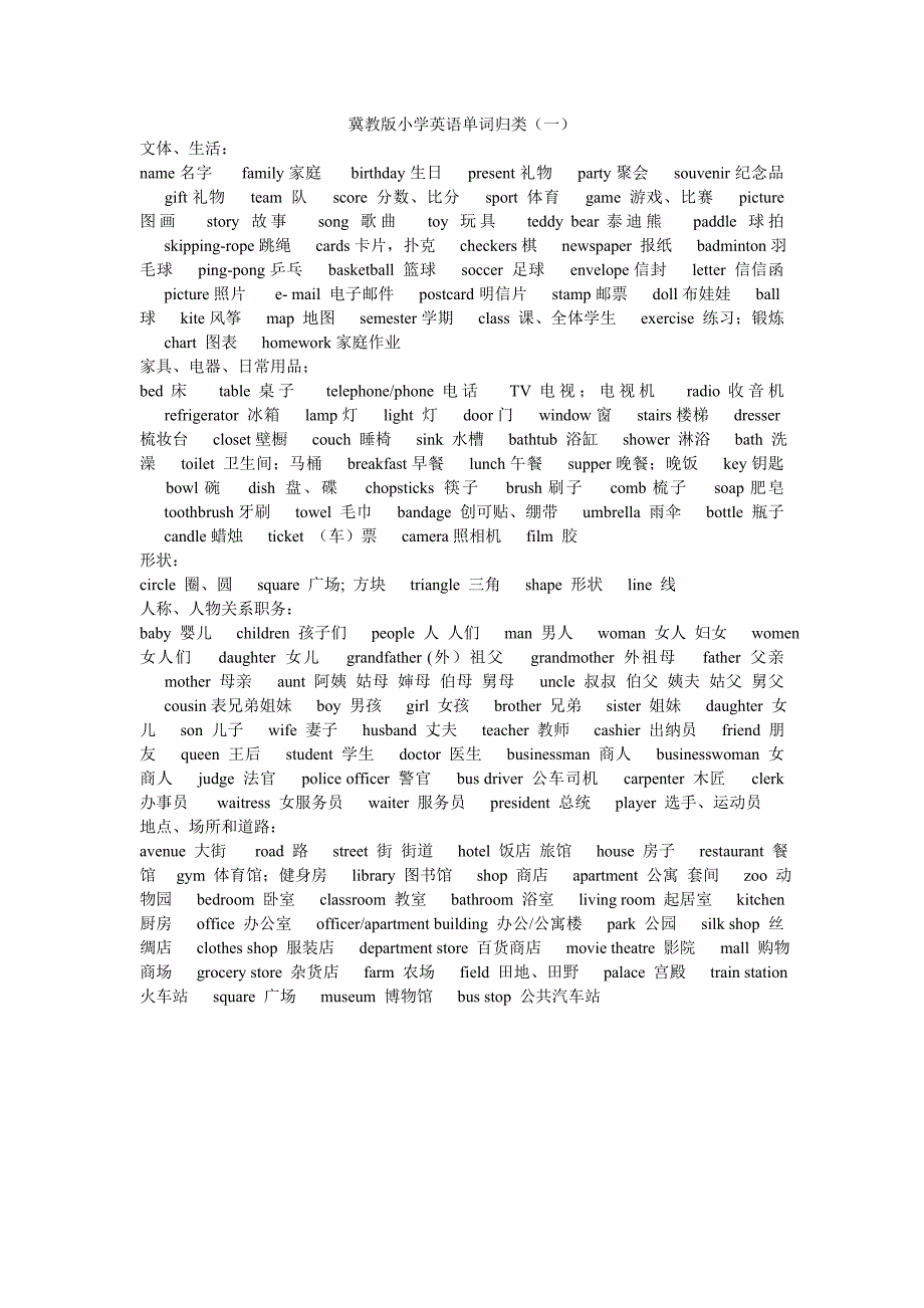 冀教版小学英语单词归类_第1页