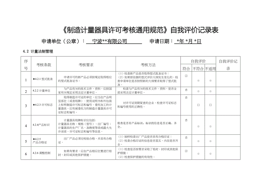 《制造计量器具许可考核通用规范》自我评价记录表(DOC 12页)_第1页