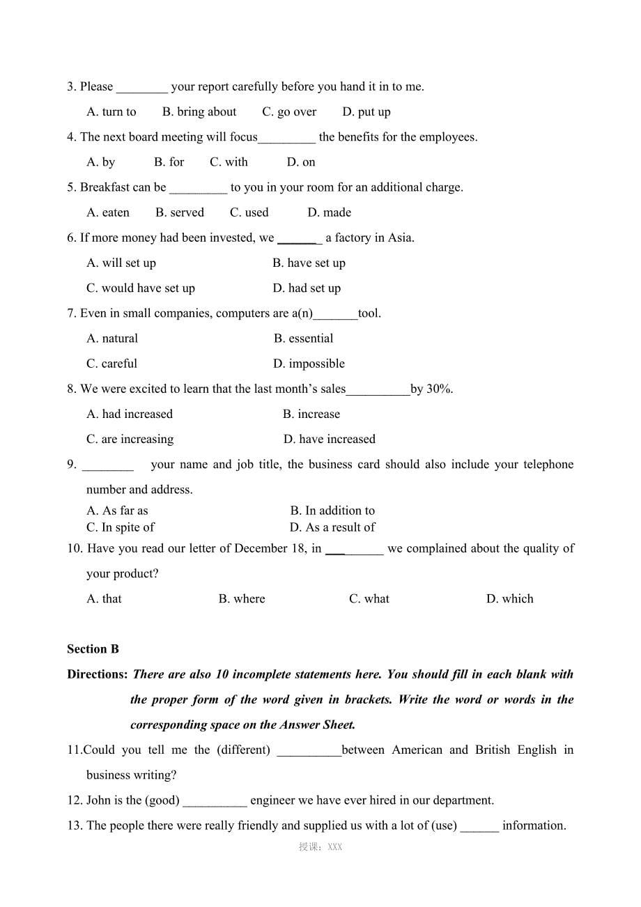 南开大学现代远程教育学院考试卷—大学英语(一)试题及答案_第5页