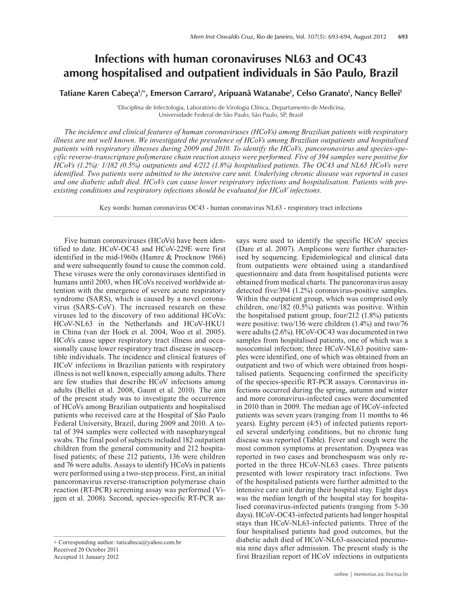 【病毒外文文献】2012 Infections with human coronaviruses NL63 and OC43 among hospitalised and outpatient individuals in S_o Paulo, Brazi_第1页