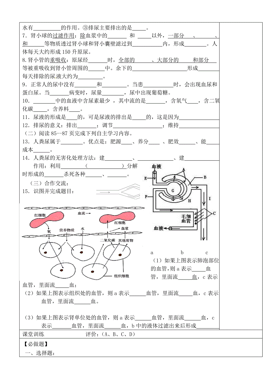 内蒙古鄂尔多斯东胜区正东中学七年级生物下册第四单元第五章人体内废物的排出学案2无答案新人教版通用_第2页