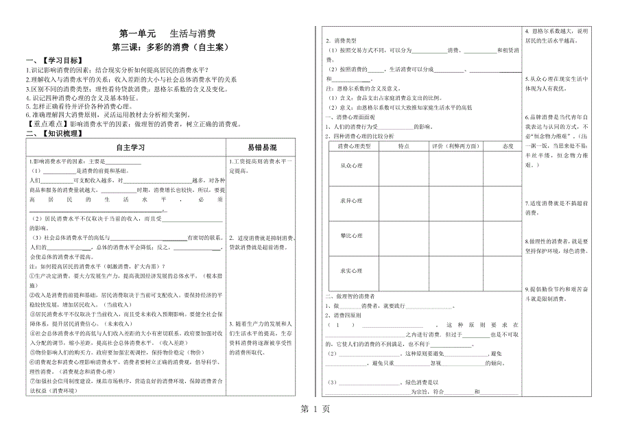 2023年山东省德州市第一中学级高一政治必修一第课《多彩的消费》自主案.doc_第1页