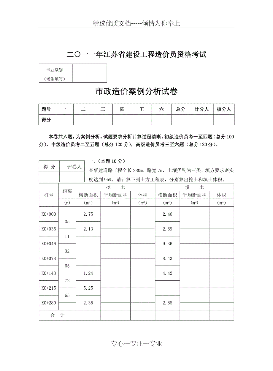 二○一一江苏造价员考试市政真题及答案_第1页