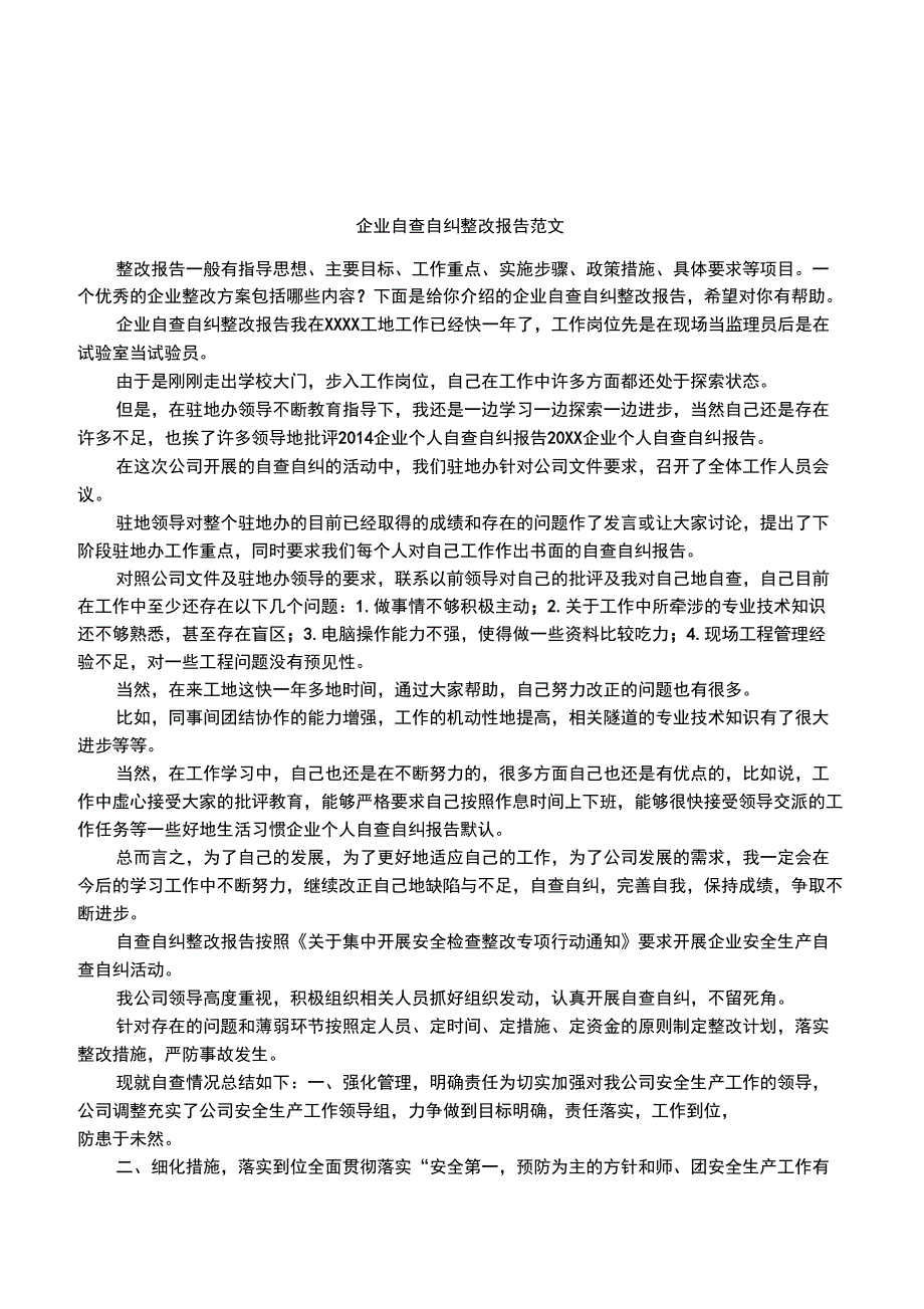 企业自查自纠整改报告范文_第1页