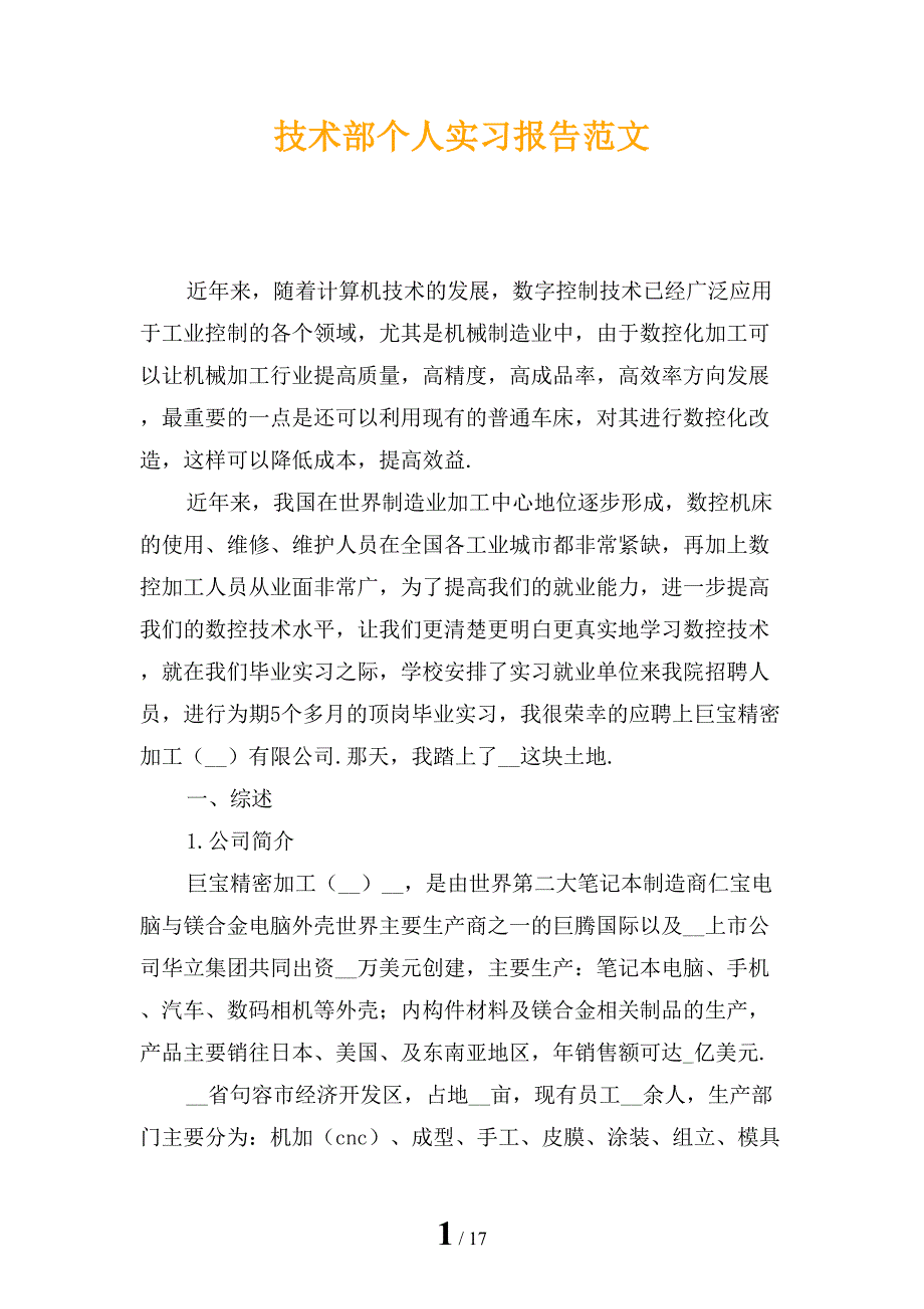 技术部个人实习报告范文_第1页