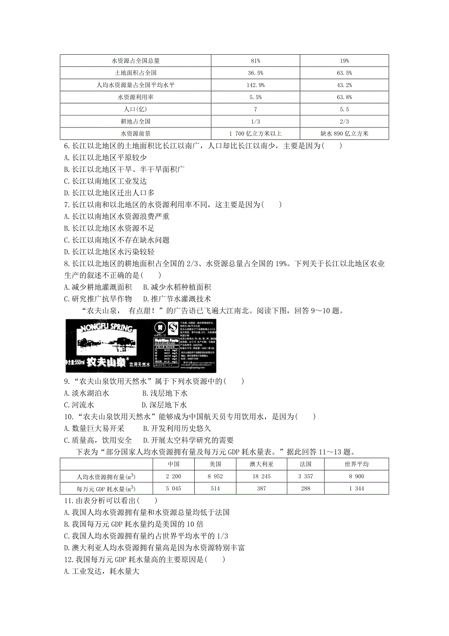 【中图版】高中地理必修一：4.4水资源对人类生存和发展的意义同步练习及答案_第2页