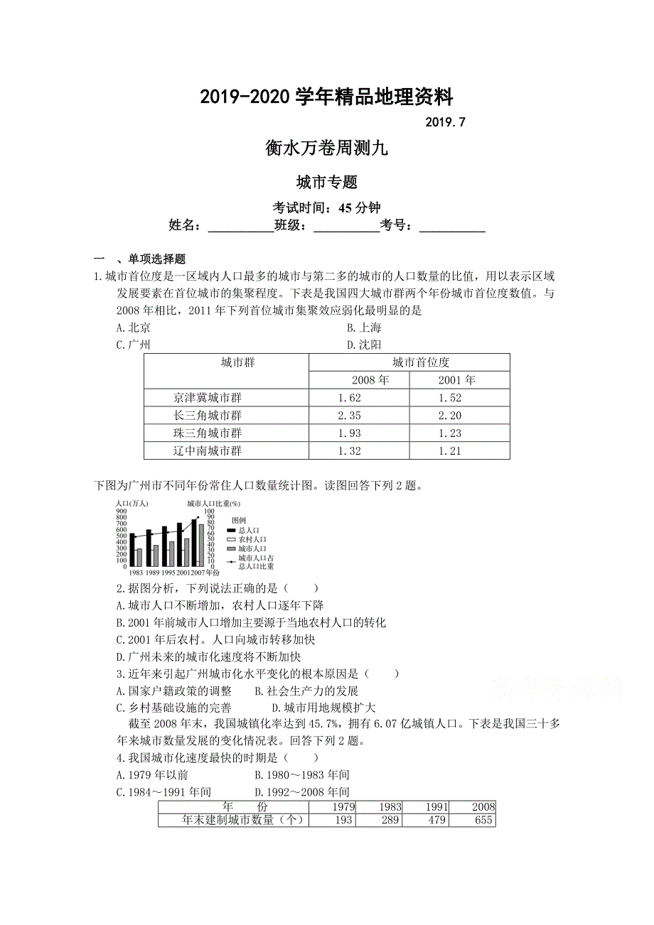 2020衡水万卷高三地理二轮复习高考周测卷含答案解析周测 九城市专题_第1页