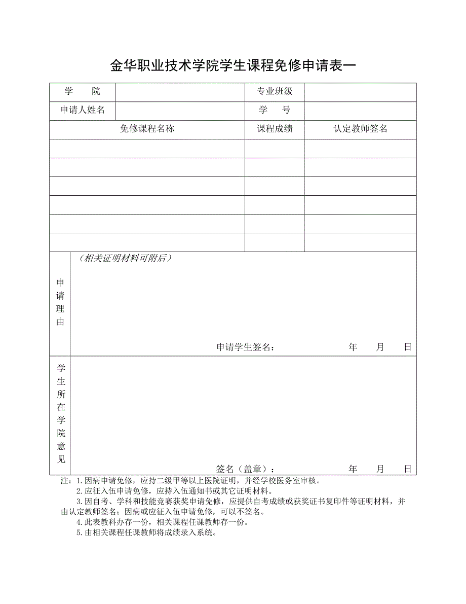 金华职业技术学院学生课程免修申请表_第1页