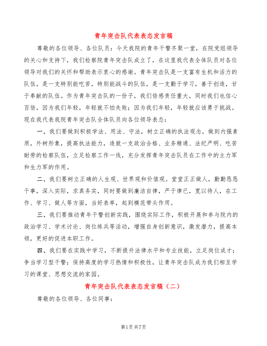 青年突击队代表表态发言稿(5篇)_第1页