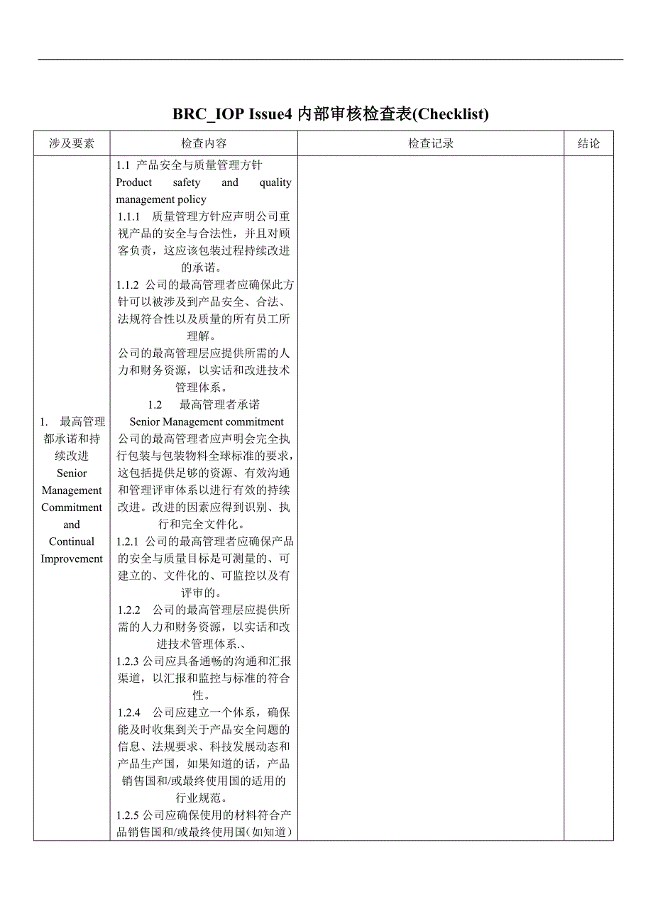 内审检查表(BRC IOP ISSUE 4 高风险类别)_第1页