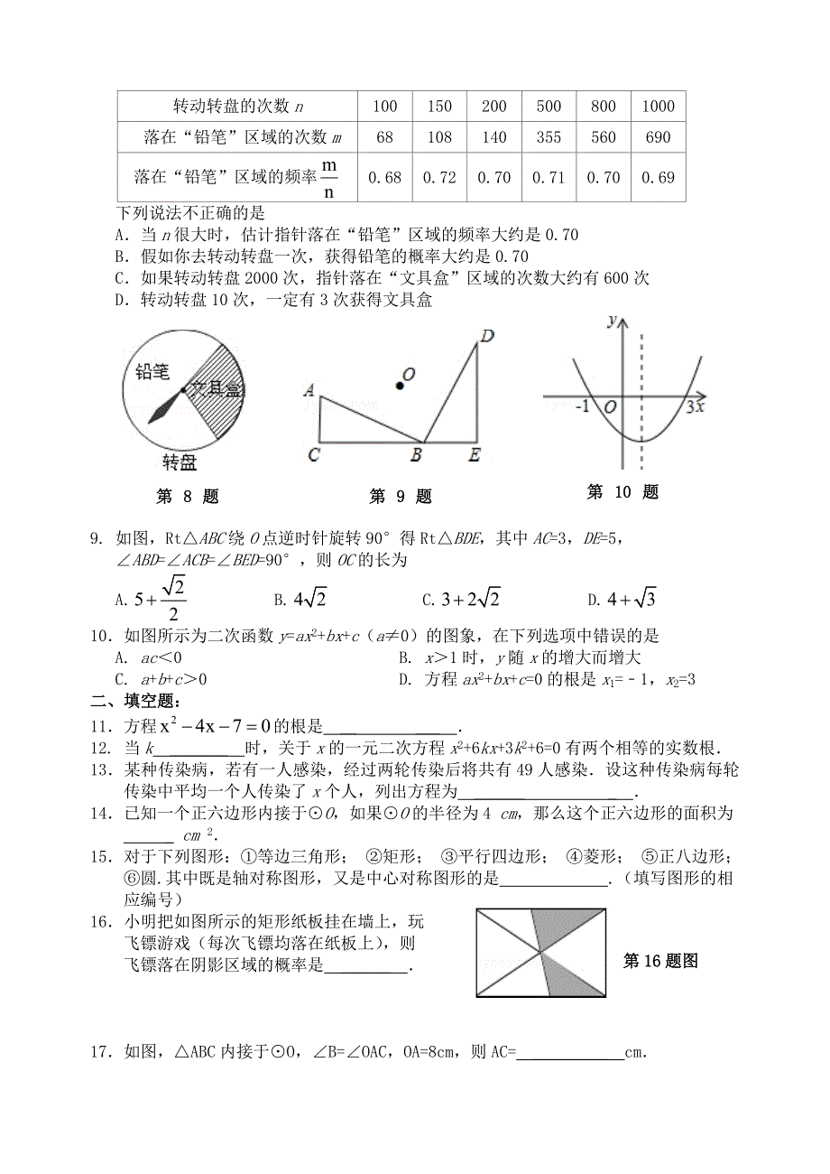 人教版 小学9年级 数学上册 期末试题及答案_第2页