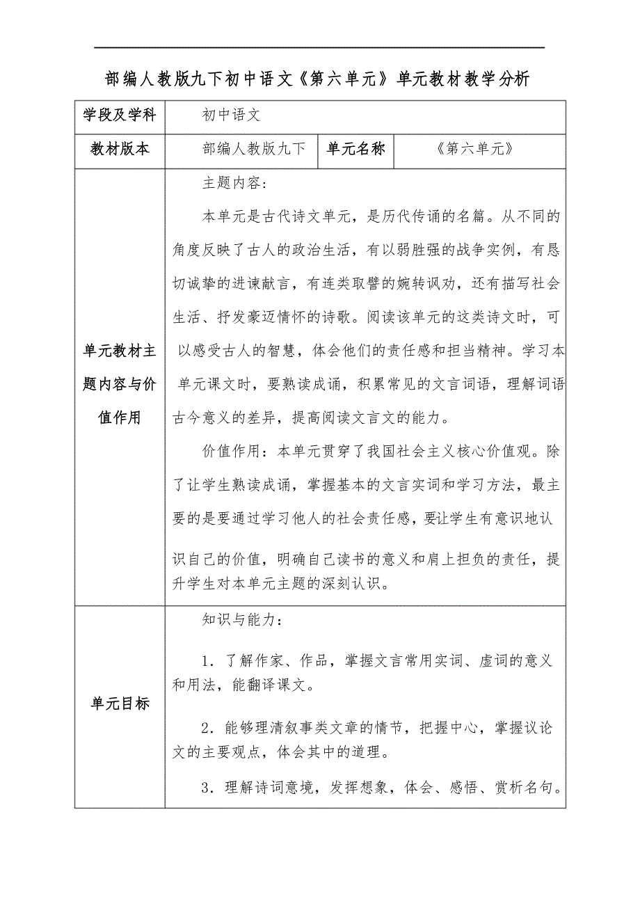 部编人教版九下初中语文《第六单元》单元教材教学分析_第1页