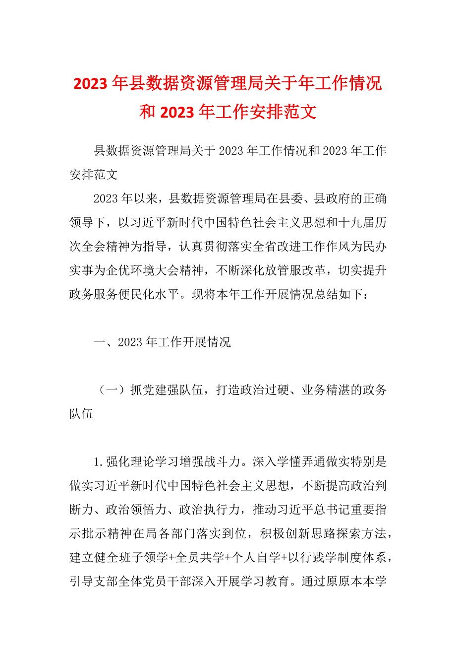 2023年县数据资源管理局关于年工作情况和2023年工作安排范文_第1页