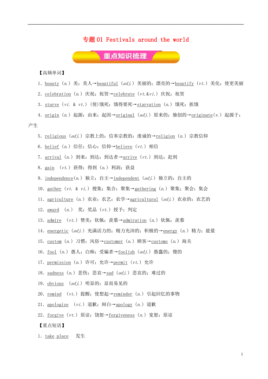 2018年高考英语一轮复习 专题01 Festivals around the world（教学案）（含解析）新人教版必修3_第1页