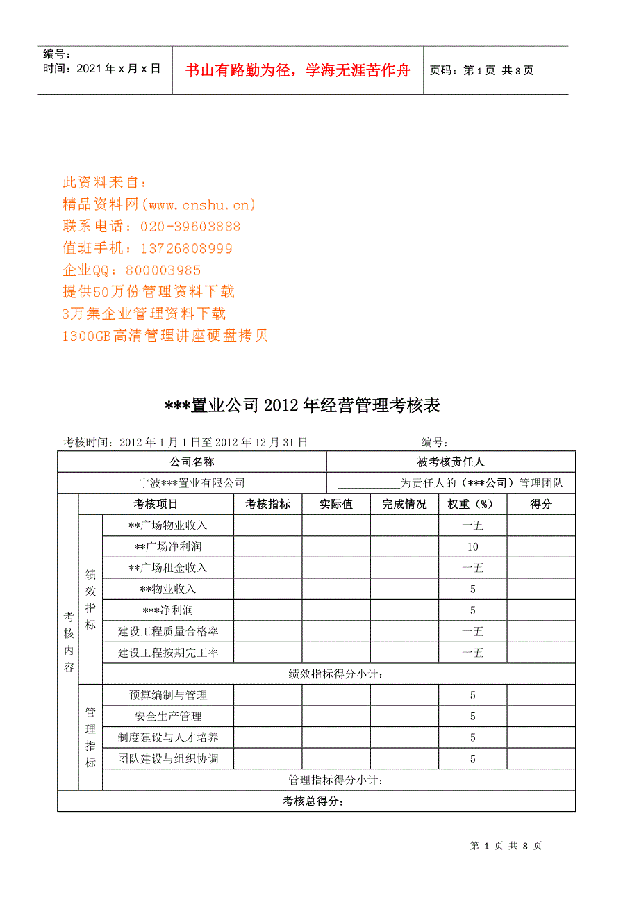 某置业公司经营管理考核表_第1页