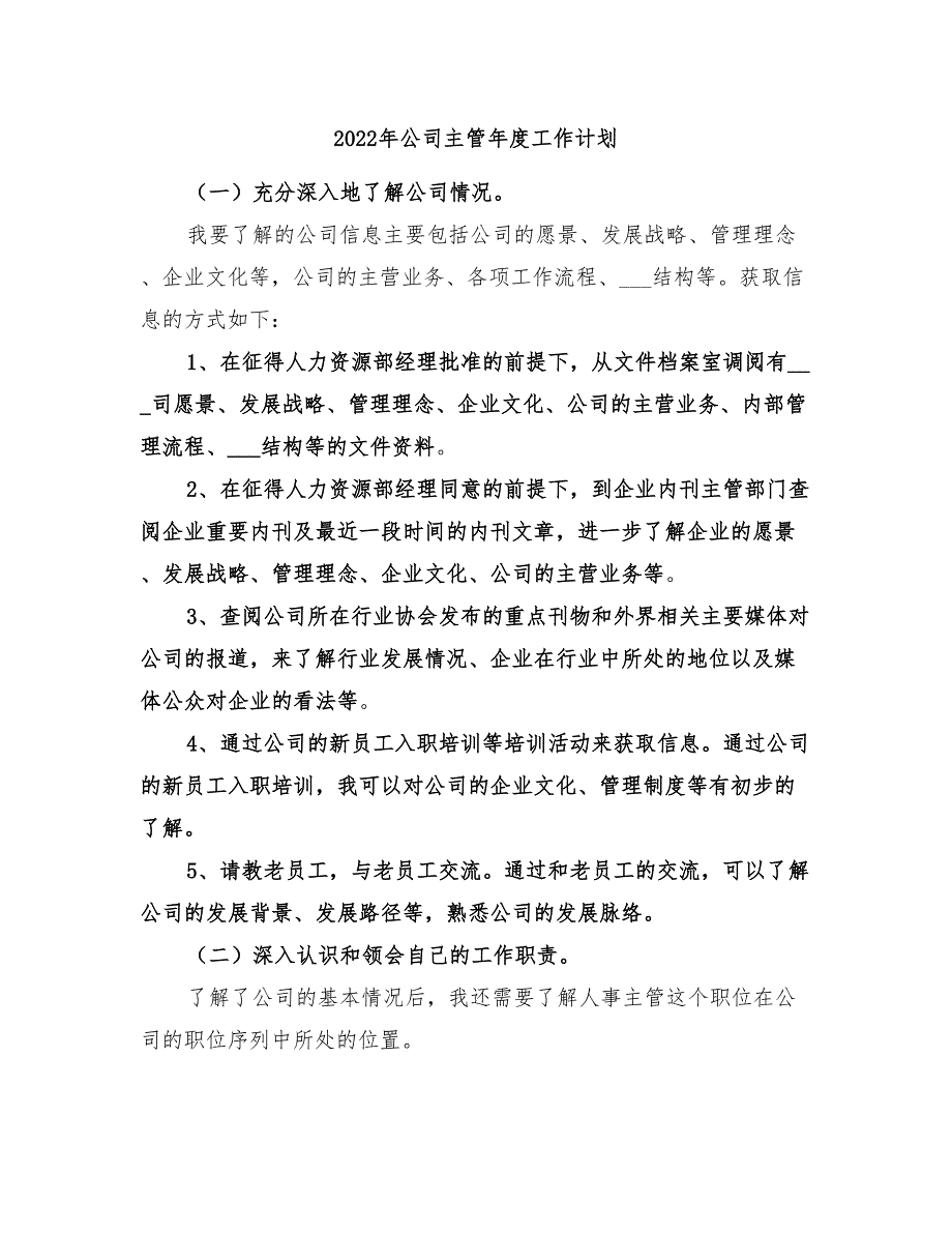 2022年公司主管年度工作计划_第1页