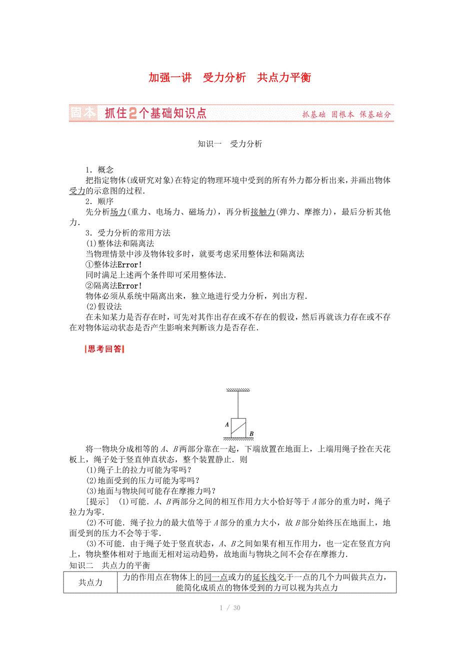 （新课标）河南省2015高考物理总复习讲义 第2章 加强1讲 受力分析 共点力平衡_第1页