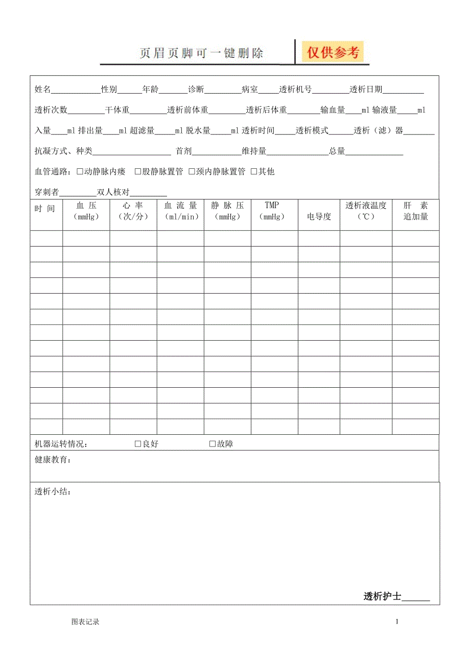 血液透析治疗记录单[表格借鉴]_第1页