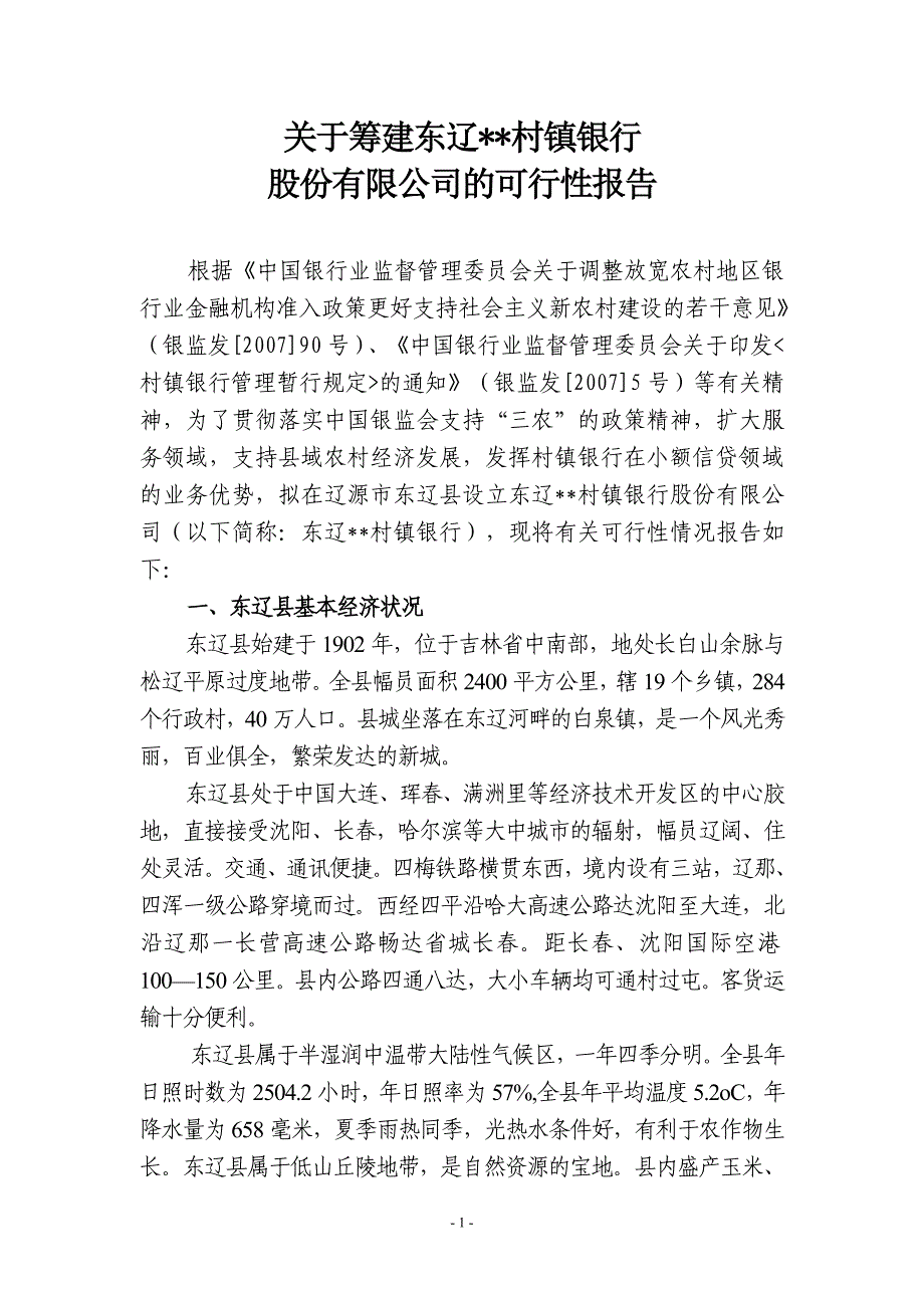 东辽村镇银行可行性报告_第1页