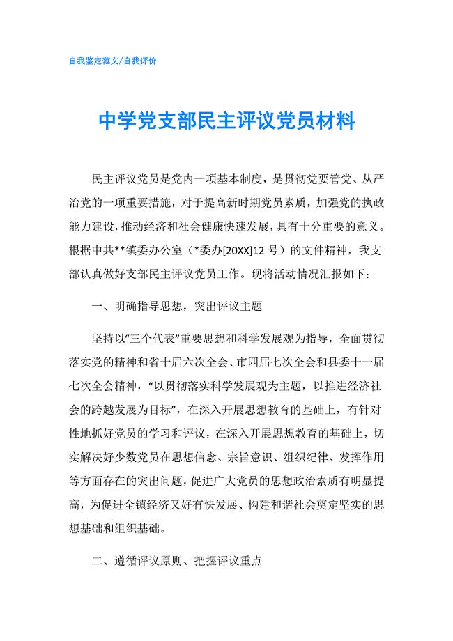 中学党支部民主评议党员材料.doc