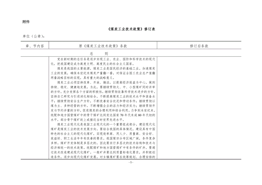 煤炭工业技术政策修订表.doc_第1页