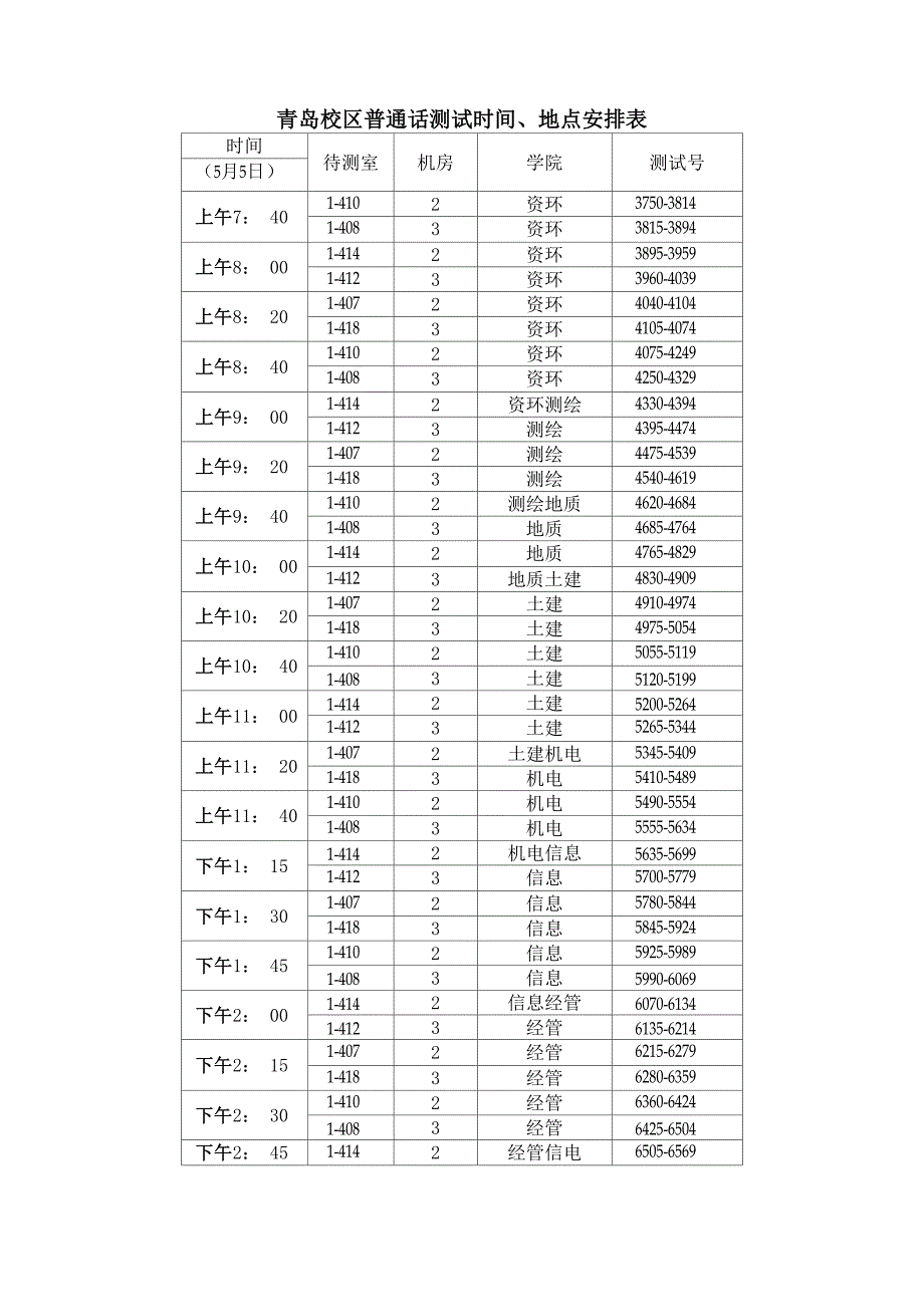 青岛校区普通话测试时间地点安排表_第1页