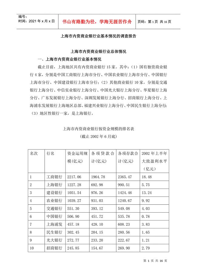 上海市内资商业银行业基本情况调查报告