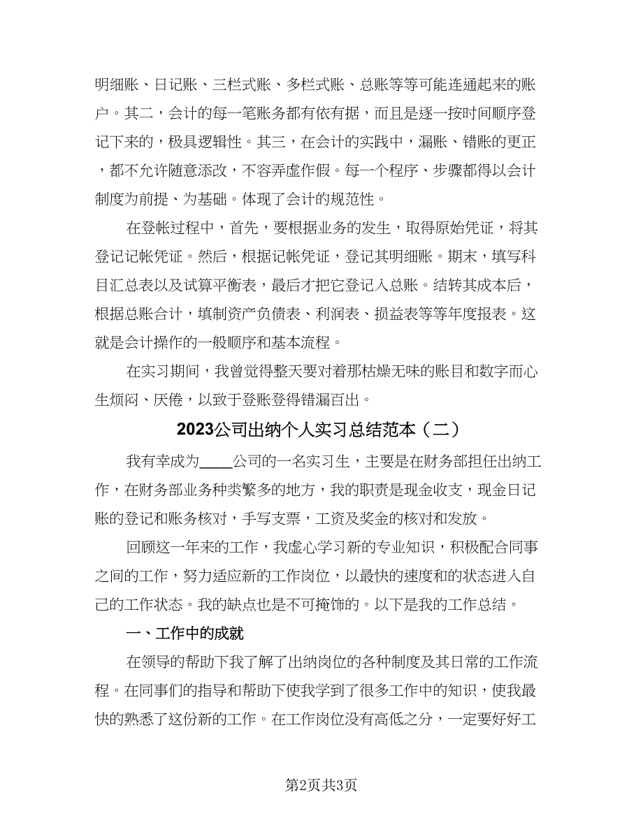 2023公司出纳个人实习总结范本（2篇）.doc_第2页