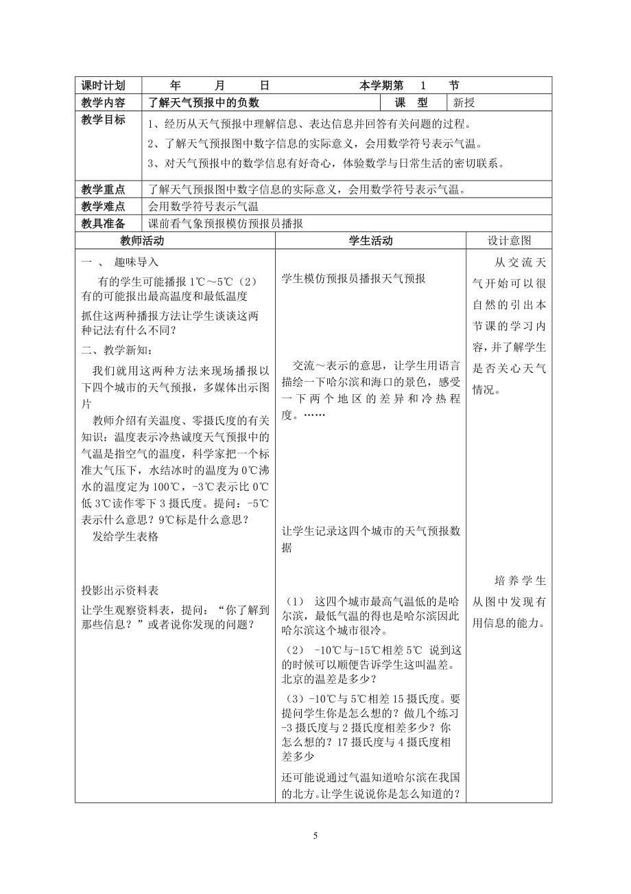 冀教版小学数学五年级下册全册表格式教案_第5页