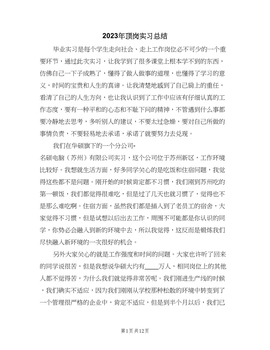 2023年顶岗实习总结（5篇）_第1页